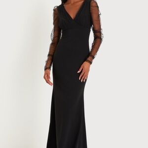 Lulus Red Carpet Energy Black Tulle Long Sleeve Mermaid Maxi Dress - Size L